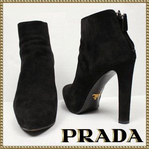 Prada Black Suede Back Zip Booties / Boot